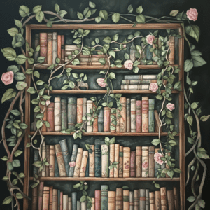 Vintage Bookshelf Vines Flowers Romantic Library Art