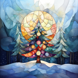 Christmas Tree in Winter Forest Stained Glass Style Scene