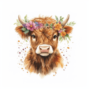 Cute Baby Highland Cow Floral Scottish Cow Watercolor