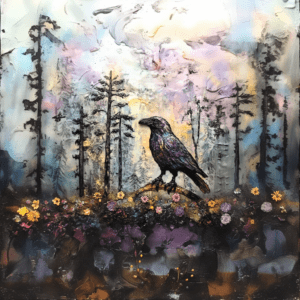 Raven Perched in Abstract Forest Landscape with Wildflowers