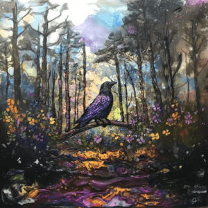 Mystical Raven in Colorful Forest Scene with Floral Details