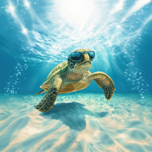 Cool Sea Turtle Relaxing Under Tropical Blue Waters