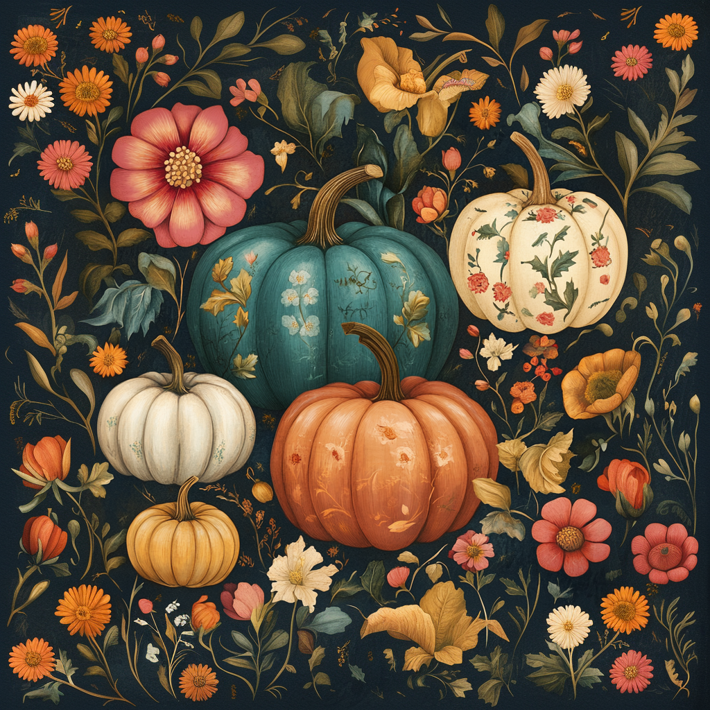 Vintage Autumn Pumpkins with Colorful Floral Patterns