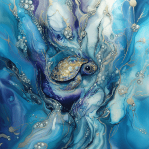 Sea Turtle in Abstract Ocean Swirls Waves Artistic Design