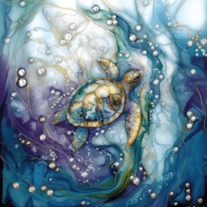 Baby Sea Turtle in Abstract Ocean Art with Swirls Bubbles