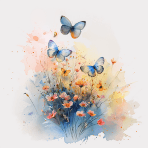 Watercolor Butterflies with Pastel Floral Spring Scene