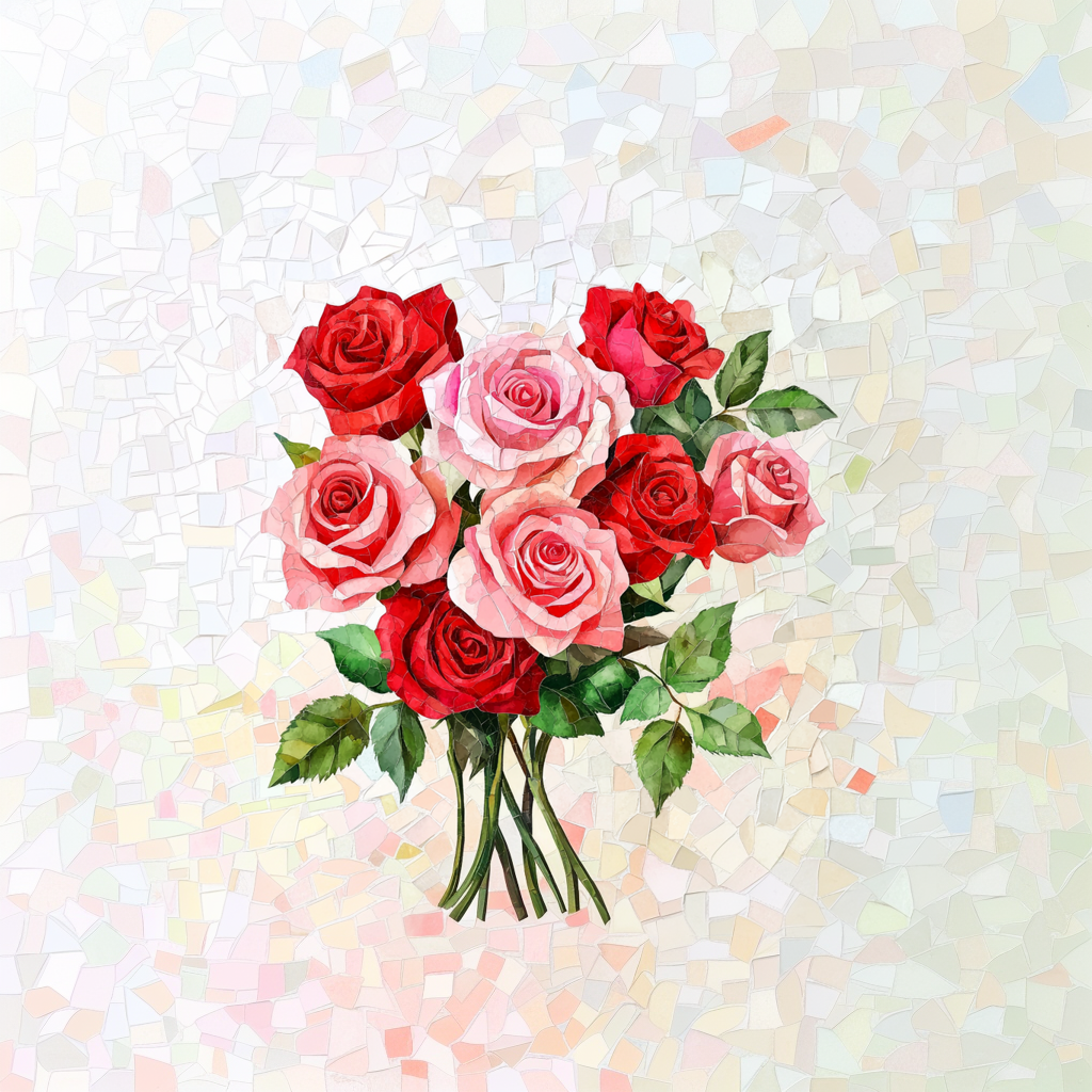 Valentine Pink and Red Roses Bouquet Mosaic Style Art