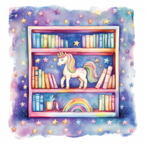 Magical Unicorn Bookshelf Rainbows Stars Cute Watercolor Art