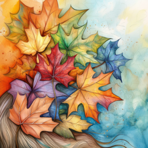 Whimsical Maple Leaves in Rainbow Watercolor Style Fall Art