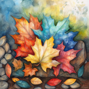 Artistic Autumn Leaves in Rainbow Colors and Nature Scene