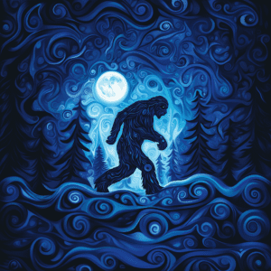 Sasquatch Silhouette in Swirling Night Forest with Full Moon