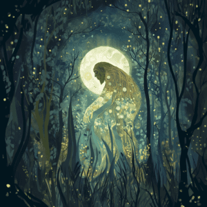 Bearded Bigfoot Cryptid Sasquatch in Abstract Forest Moon