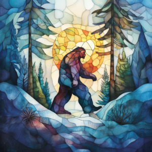 Sasquatch Bigfoot Yeti Winter Forest Stained Glass Style