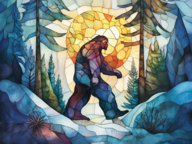 Sasquatch Bigfoot Yeti Winter Forest Stained Glass Style