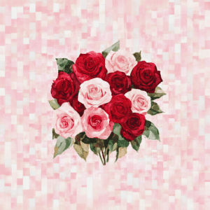 Red and Pink Roses Floral Bouquet with Soft Mosaic Pattern