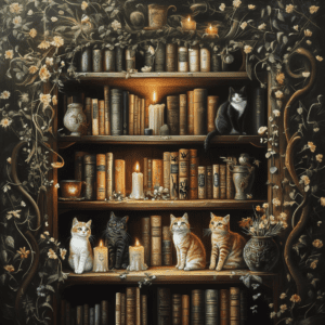 Cozy Library Bookshelf with Cats Books Candles Bookcase