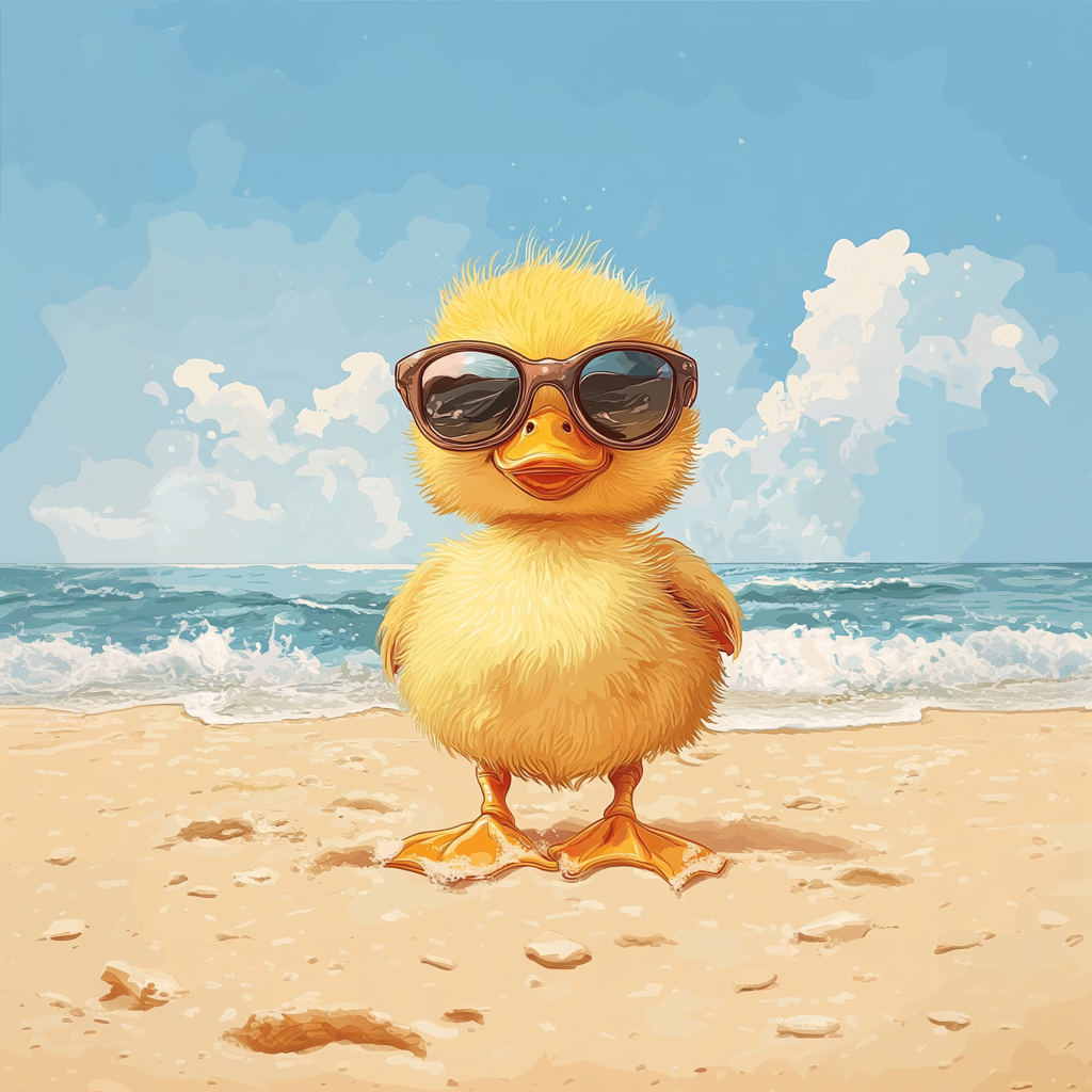 Cute Yellow Duck with Sunglasses at the Beach