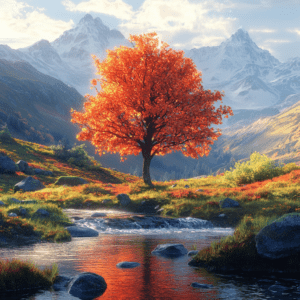 Serene Autumn Landscape with Mountains and Vibrant Tree Art
