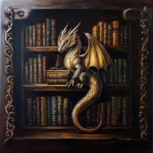 Dragon Guarding Books on Dark Vintage Library Bookshelf