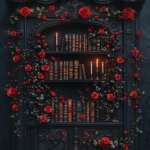 Dark Fantasy Goth Bookshelf with Red Roses and Candles
