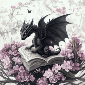 Ethereal Dragon on Book with Pink Flowers Dark Fantasy Art