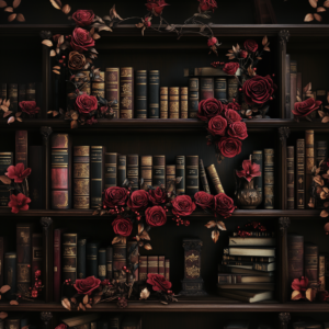 Goth Dark Fantasy Bookshelf with Vintage Books and Roses