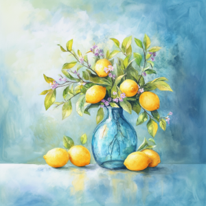 Lemon Branch Bouquet in Blue Glass Vase Watercolor Fruit