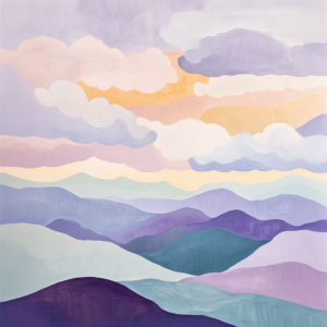 Pastel Abstract Mountains with Purple Pink Sunset Clouds