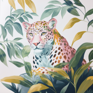 Pastel Leopard in Lush Jungle Leaves Elegant Animal Art