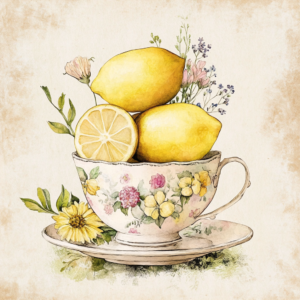 Lemons in Vintage Floral Teacup Watercolor Cottagecore Art