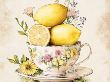 Lemons in Vintage Floral Teacup Watercolor Cottagecore Art