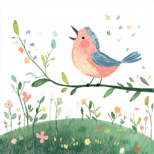 Cute Singing Bluebird on Branch in Spring Floral Meadow Art