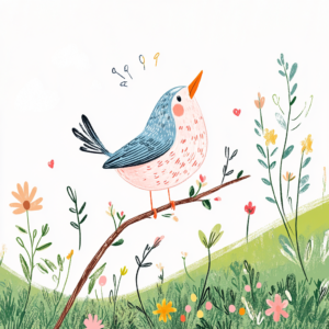 Cheerful Bird on Branch Surrounded by Colorful Spring Flower