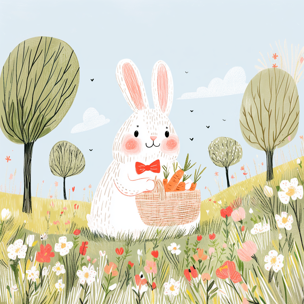 Happy Bunny Rabbit in Spring Floral Field with Carrots