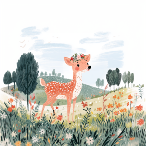 Whimsical Deer with Floral Crown in Spring Wildflower Field
