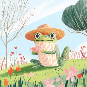 Cute Frog in Straw Hat Sipping Tea Surrounded by Wildflowers