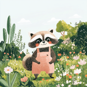 Cute Raccoon in Overalls Standing in Floral Forest Meadow