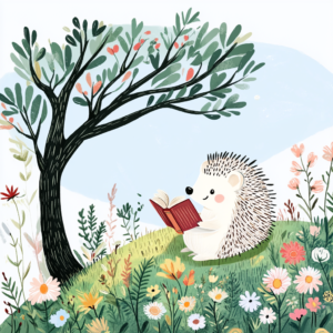 Bookish Woodland Hedgehog Under Tree Surrounded by Flowers
