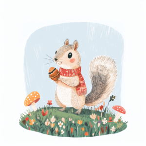 Adorable Squirrel in Red Scarf with Acorn in Autumn Meadow