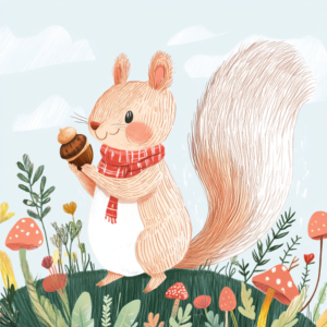 Cute Squirrel with Acorn in Mushroom Forest Cottagecore Art