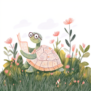 Bookish Turtle with Glasses Reading in Floral Meadow Art