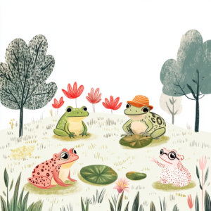 Whimsical Frog Friends in Meadow Trees Flowers Frogcore Art