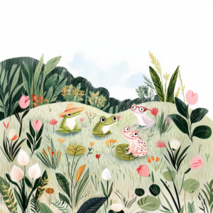 Frog Friends Gathering in Lush Flower Meadow Frogcore Art