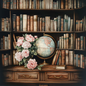 Vintage Library with Globe, Antique Books, and Pink Flowers