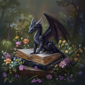 Magical Dragon with Books and Flowers Fantasy Bookish
