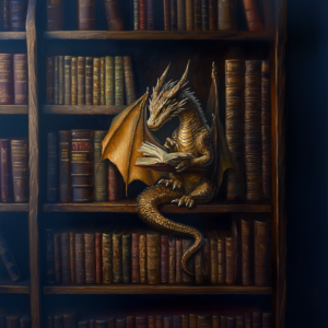 Dragon Reading a Vintage Book on a Dark Library Bookshelf
