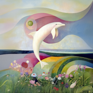Fantasy Dolphin with Flowers in Abstract Pastel Beach Art