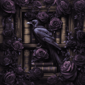 Dark Gothic Bookshelf with Raven and Moody Purple Roses