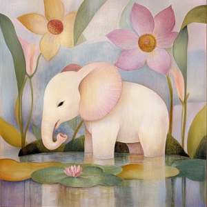 Whimsical Baby Elephant in Soft Jungle Flowers Lily Pads