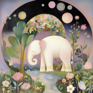 Dreamy Elephant in Magical Garden with Moon and Sky Art